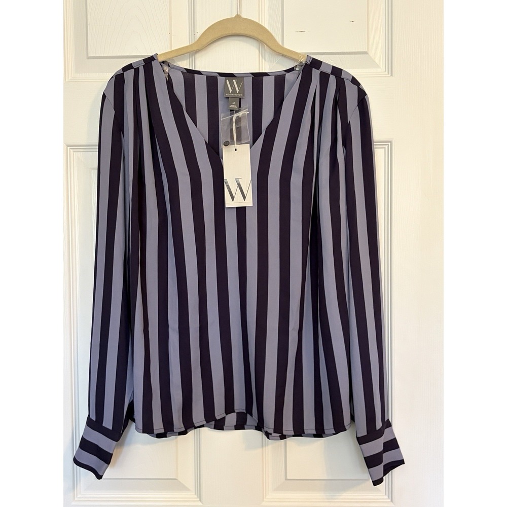 NWT Worthington Blouse Sz M Purple Striped V Neck Long Sleeve Button Cuff